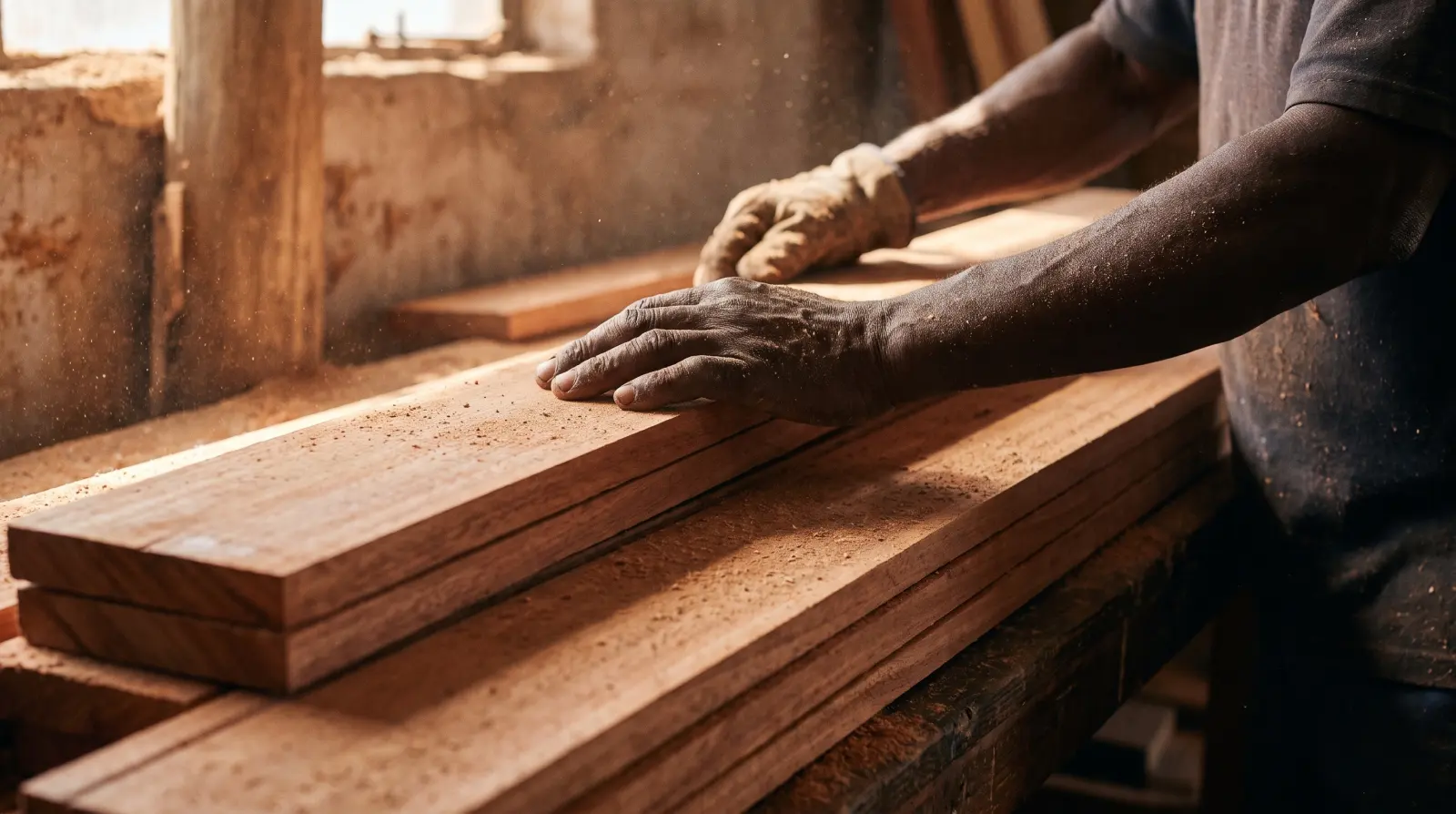 Hands checking planed eucalyptus boards in the mill