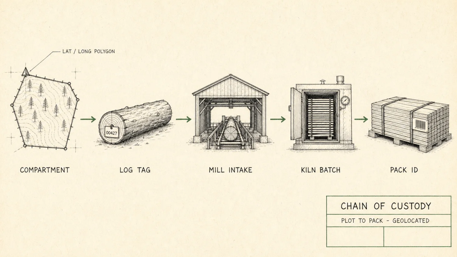 Chain of custody diagram from plantation compartment to log tag, mill intake, kiln batch and pack identification