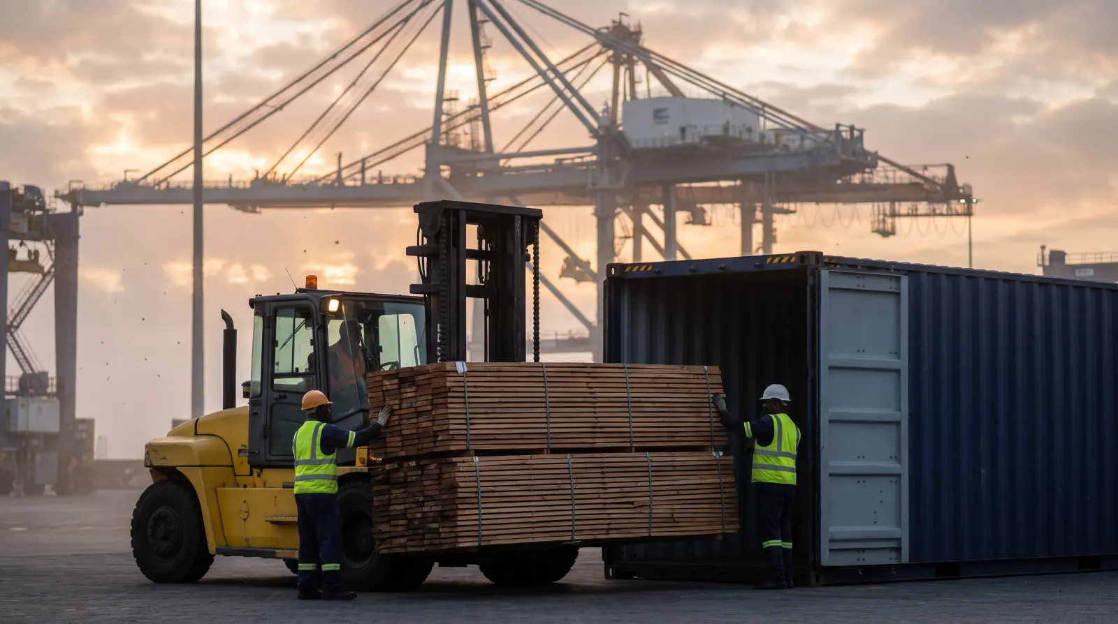 Timber packs being loaded into a shipping container at a South African port at dawn